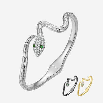 Silver snake-shaped bracelet  with captivating green eyes. Displayed alongside are its black and gold variations
