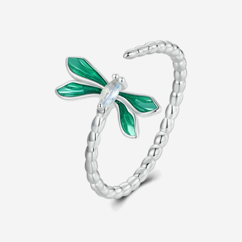Green Enamel Dragonfly Ring in Silver