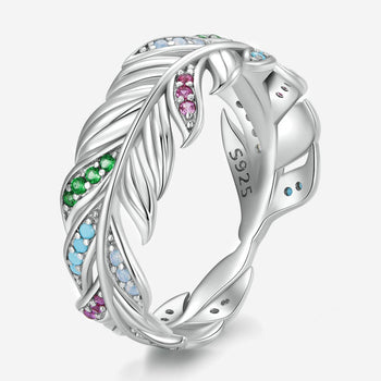 Colorful Zircon Feather Silver Ring with intricate design and multi-colored gemstones.