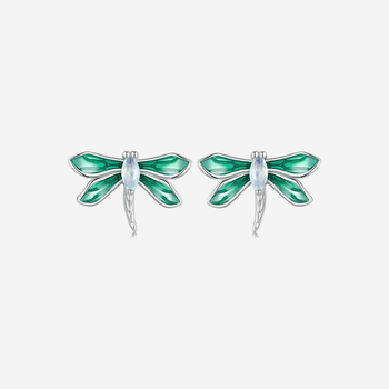 Green Dragonfly Stud Earrings in silver