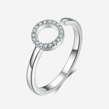 Geometric Round Adjustable Ring, featuring a silver band with a circular centerpiece encrusted with sparkling stones