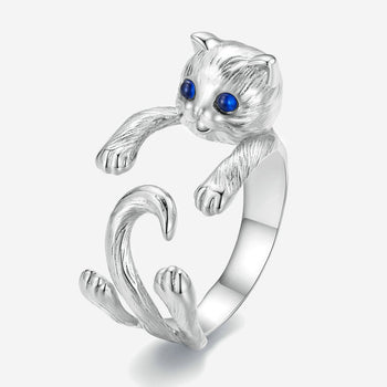 Adjustable Blue Spinel Cat Hug silver Ring