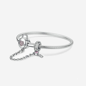 Pink Heart Lock and Key Safety Charm Bracelet
