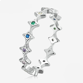Silver Rainbow Zirconium Star Ring with star-shaped designs and multicolored stone accents .